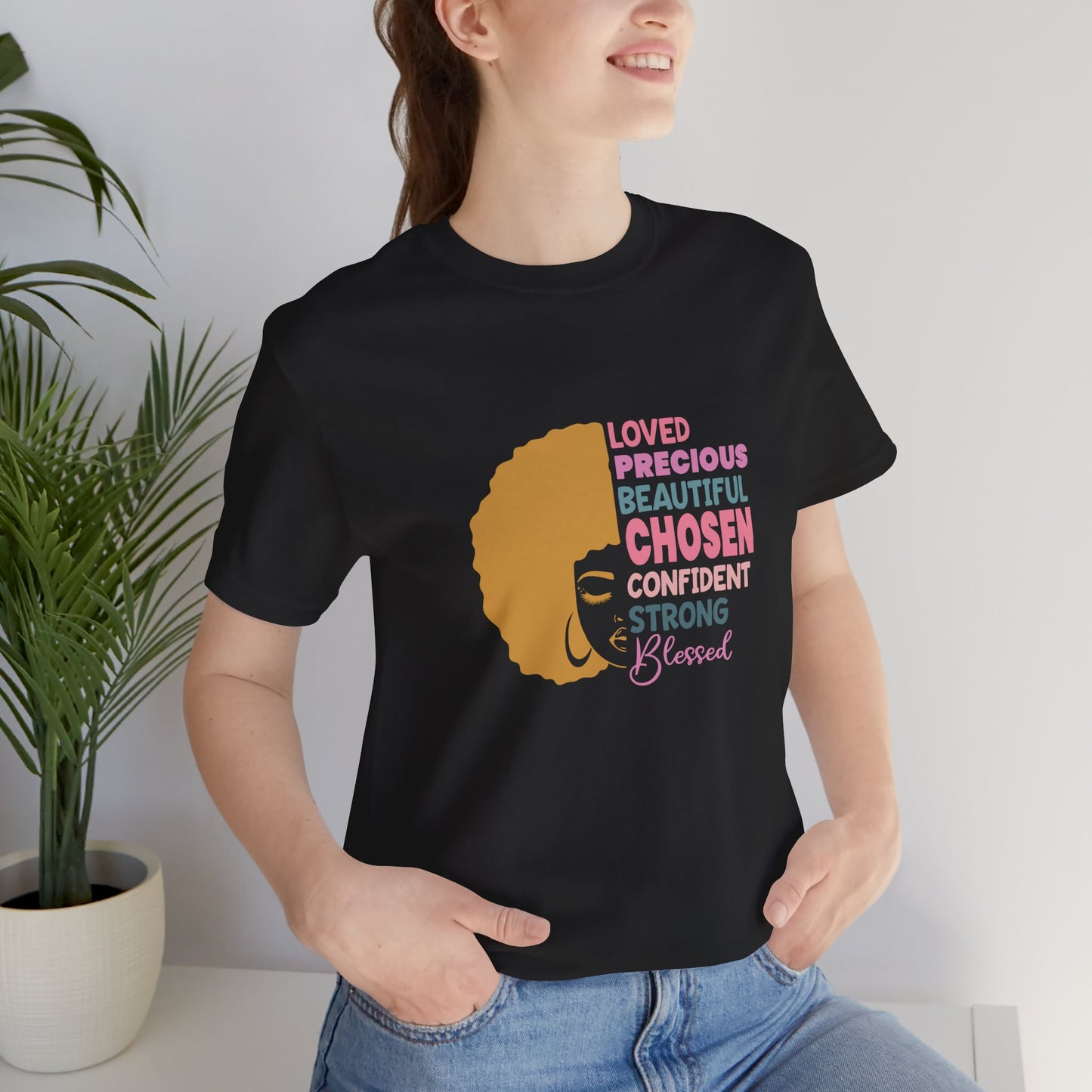 Affirmation Afro Tee – Loved, Chosen & Blessed