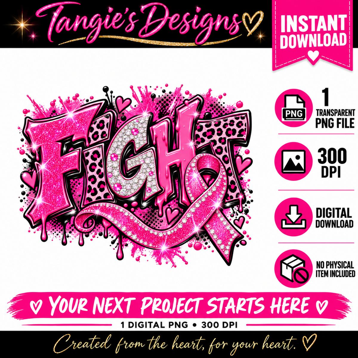 Breast Cancer Awareness PNG – Fight Pink Ribbon, Leopard Print & Faux Glitter Design