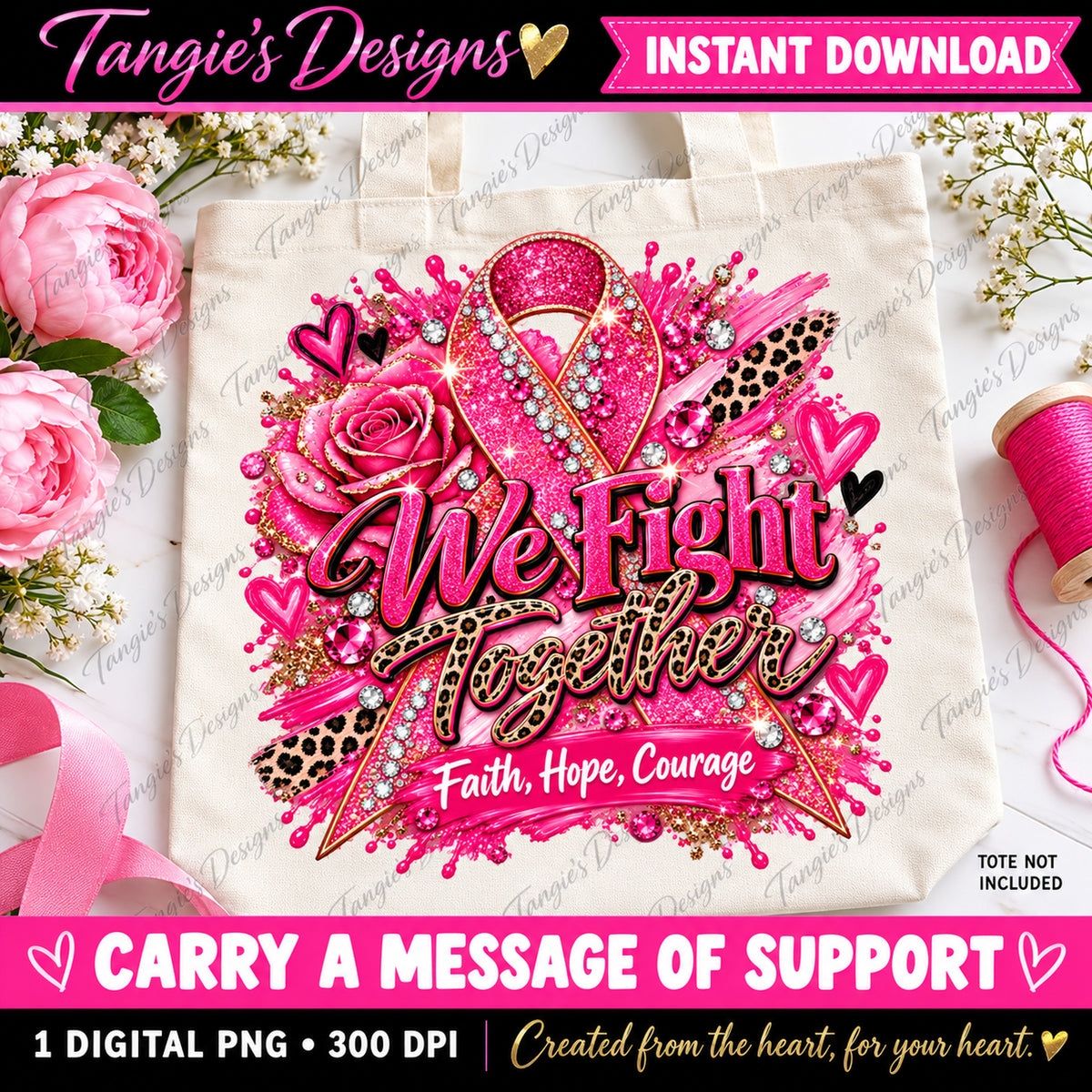Breast Cancer Awareness PNG – We Fight Together, Pink Ribbon PNG Design