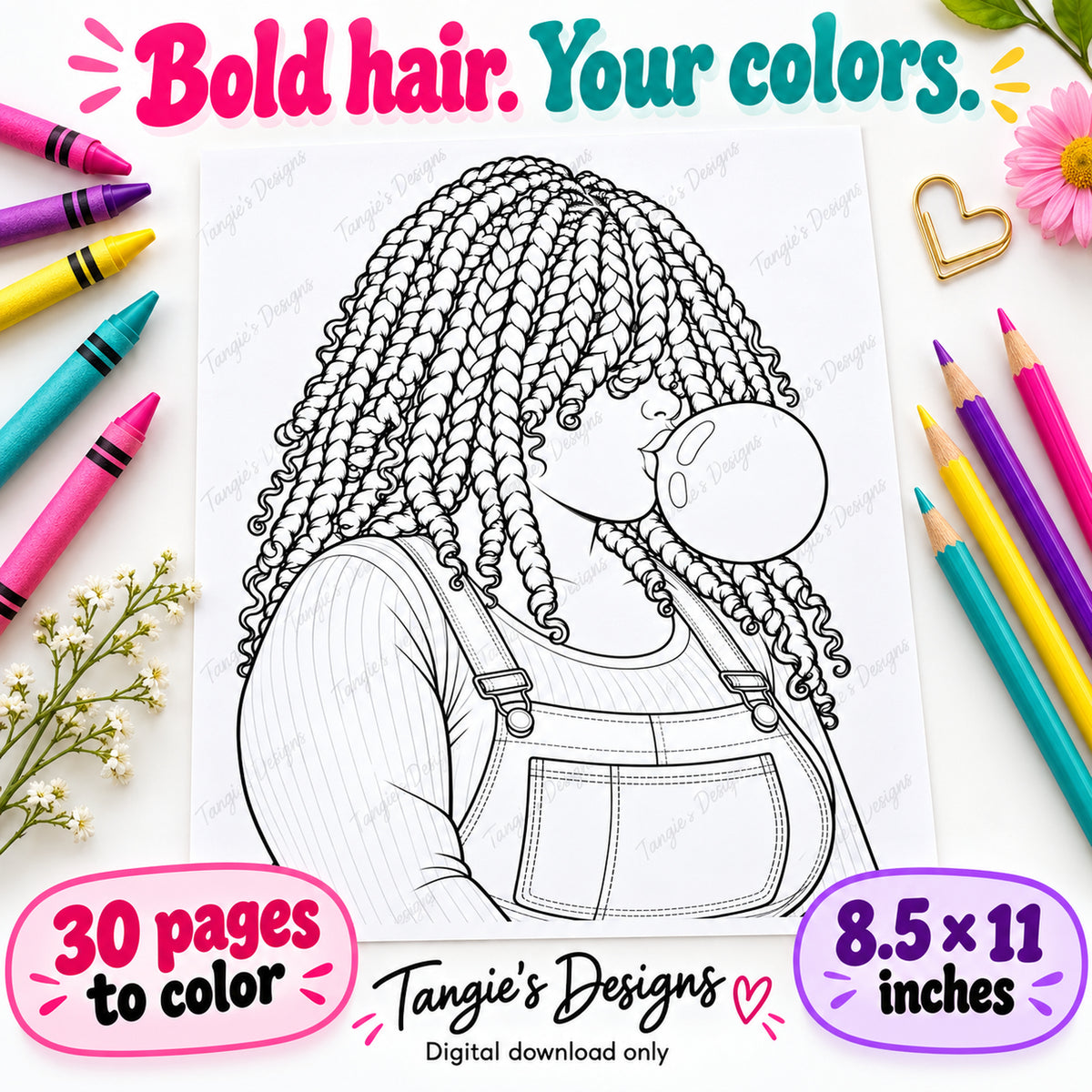 Adult Coloring Book Black Women, 30 African American Printables, Bubblegum and Beauties, Afro and Braids Coloring Pages, Digital Download