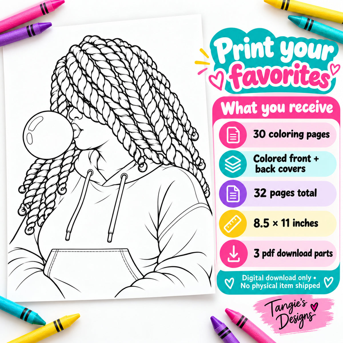 Adult Coloring Book Black Women, 30 African American Printables, Bubblegum and Beauties, Afro and Braids Coloring Pages, Digital Download