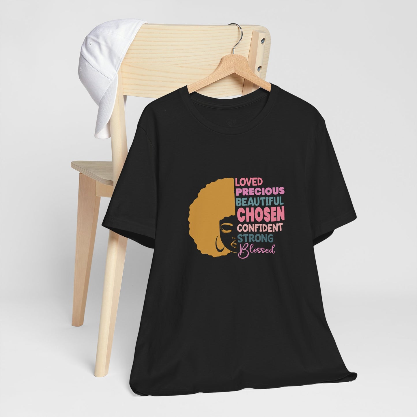 Affirmation Afro Tee – Loved, Chosen & Blessed