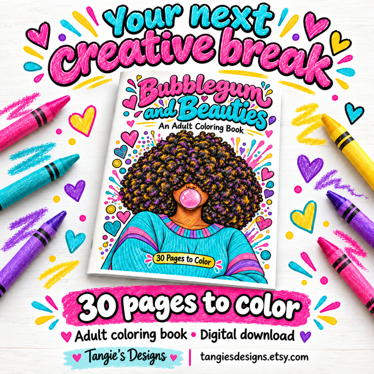 Adult Coloring Book Black Women, 30 African American Printables, Bubblegum and Beauties, Afro and Braids Coloring Pages, Digital Download