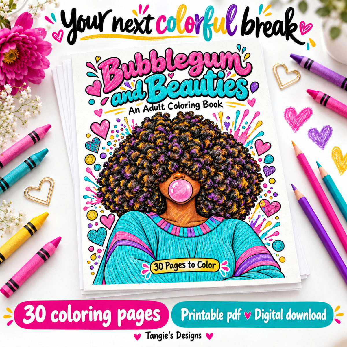Adult Coloring Book Black Women, 30 African American Printables, Bubblegum and Beauties, Afro and Braids Coloring Pages, Digital Download