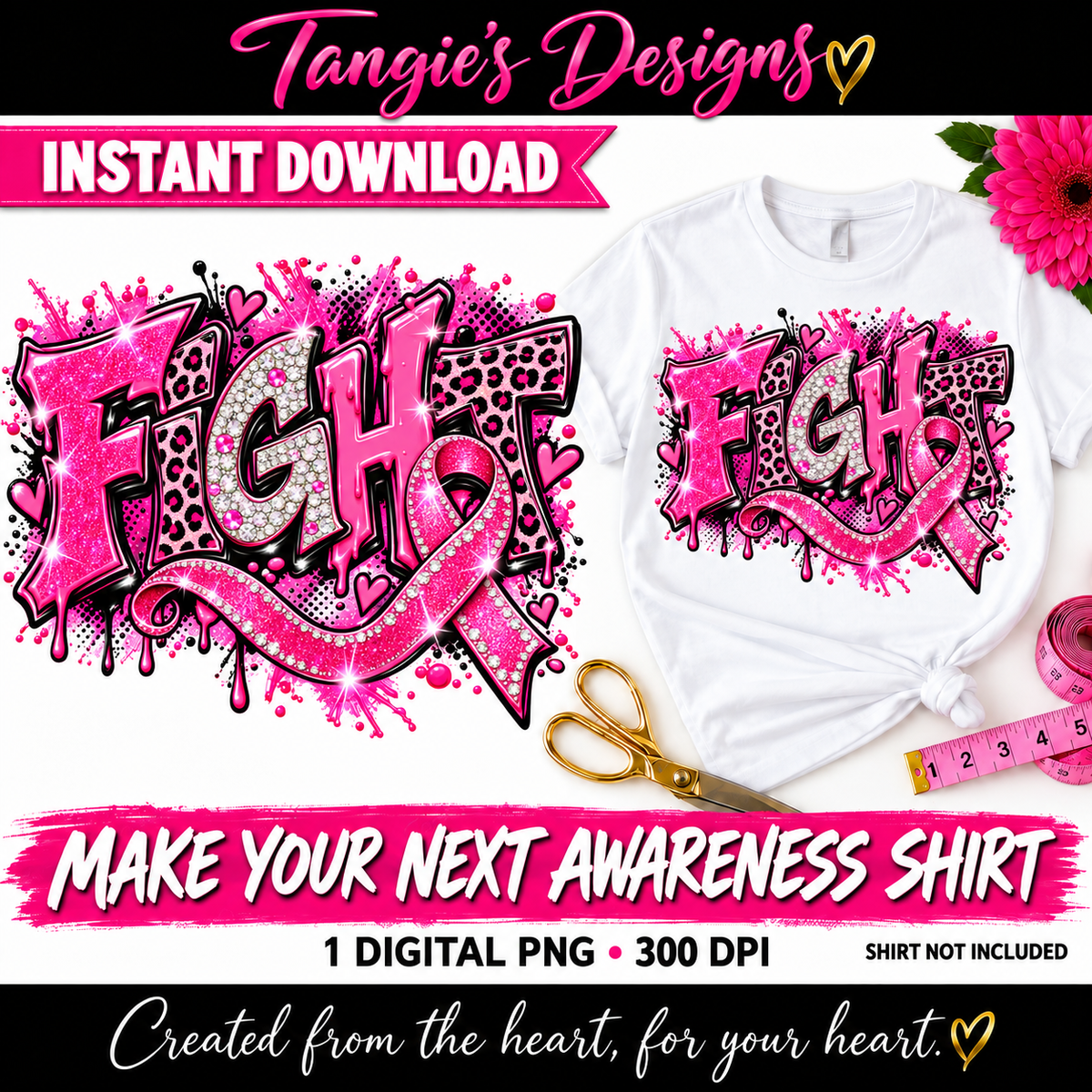 Breast Cancer Awareness PNG – Fight Pink Ribbon, Leopard Print & Faux Glitter Design