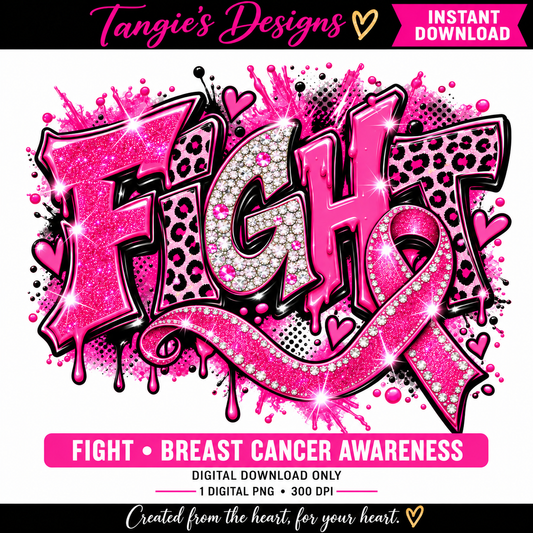 Breast Cancer Awareness PNG – Fight Pink Ribbon, Leopard Print & Faux Glitter Design