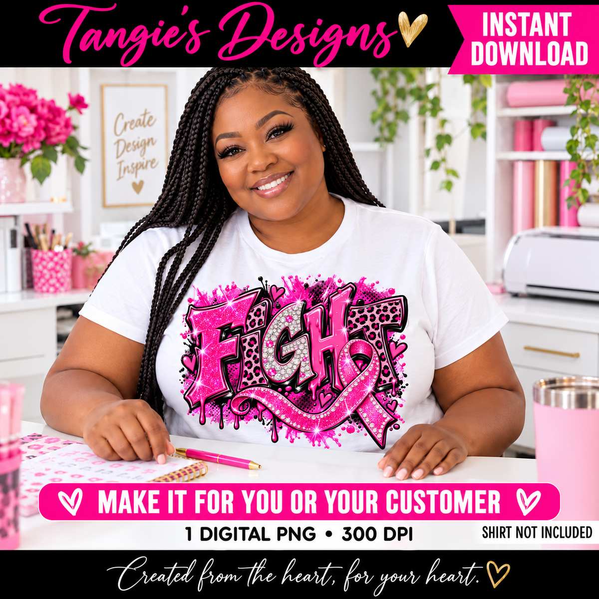 Breast Cancer Awareness PNG – Fight Pink Ribbon, Leopard Print & Faux Glitter Design