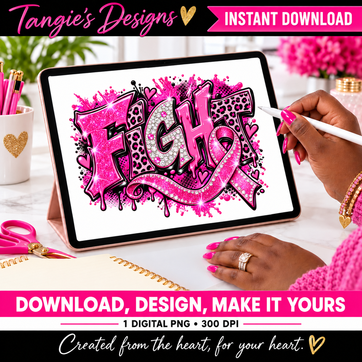Breast Cancer Awareness PNG – Fight Pink Ribbon, Leopard Print & Faux Glitter Design