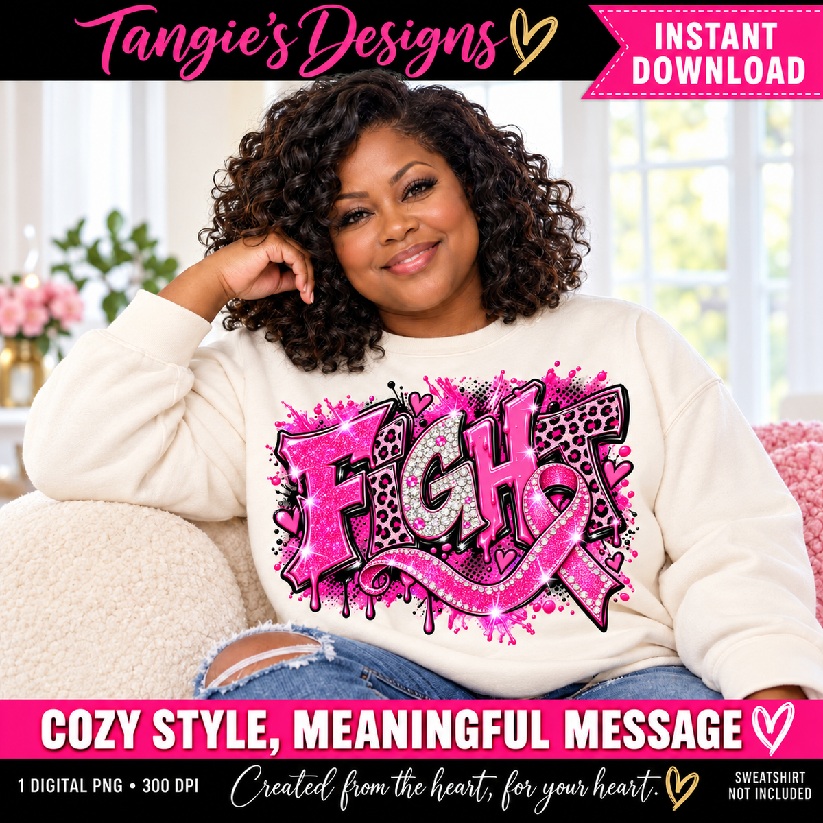 Breast Cancer Awareness PNG – Fight Pink Ribbon, Leopard Print & Faux Glitter Design