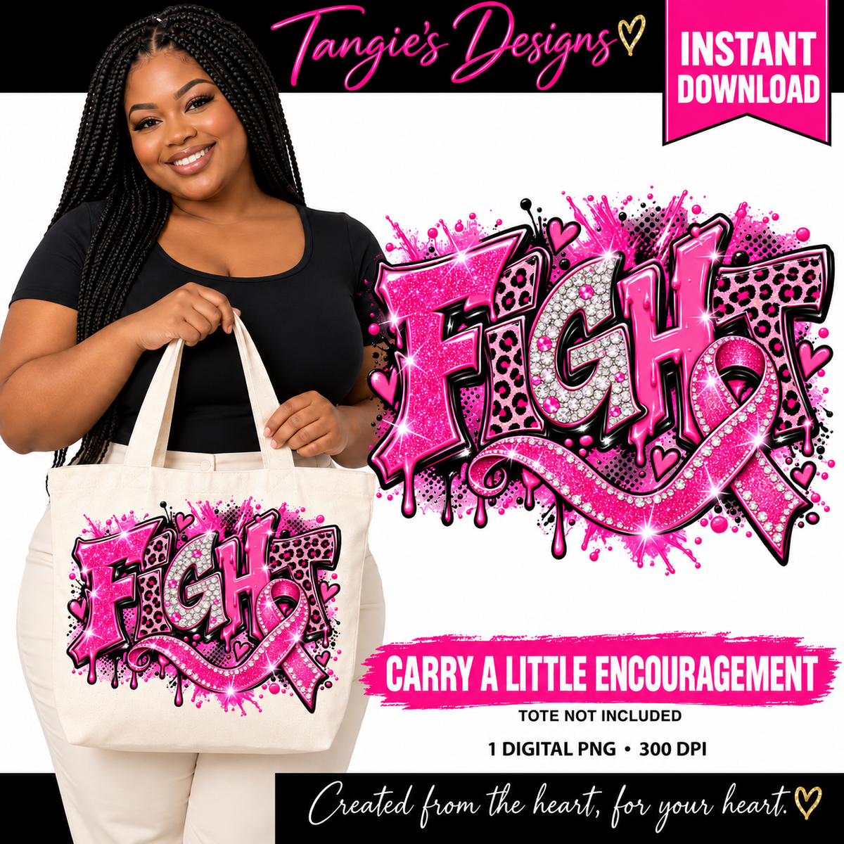 Breast Cancer Awareness PNG – Fight Pink Ribbon, Leopard Print & Faux Glitter Design