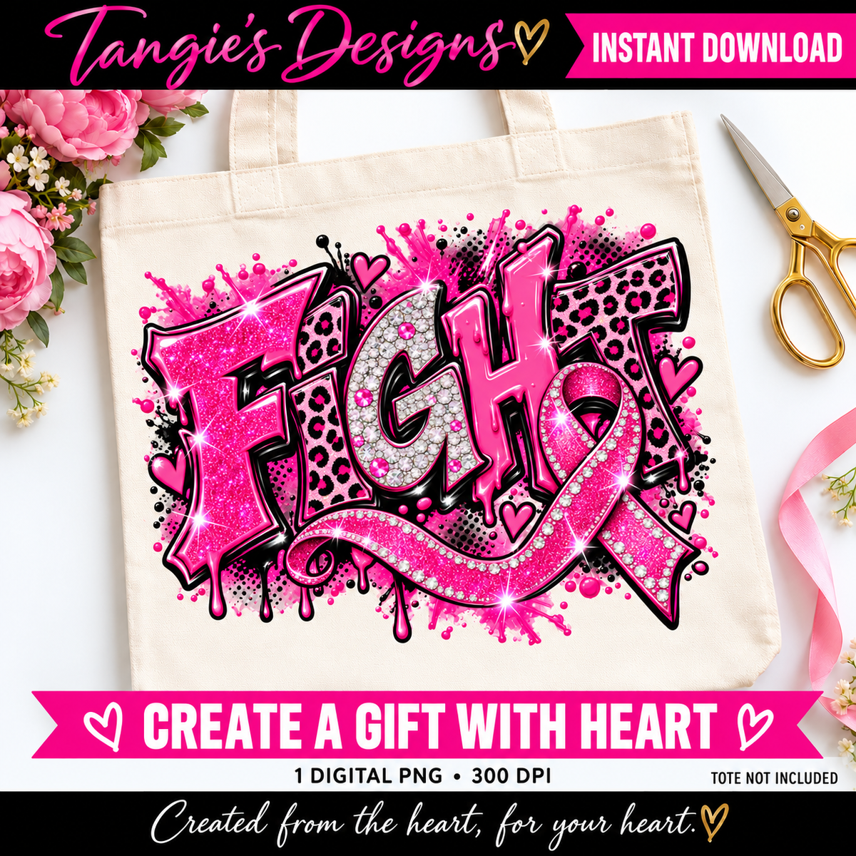 Breast Cancer Awareness PNG – Fight Pink Ribbon, Leopard Print & Faux Glitter Design