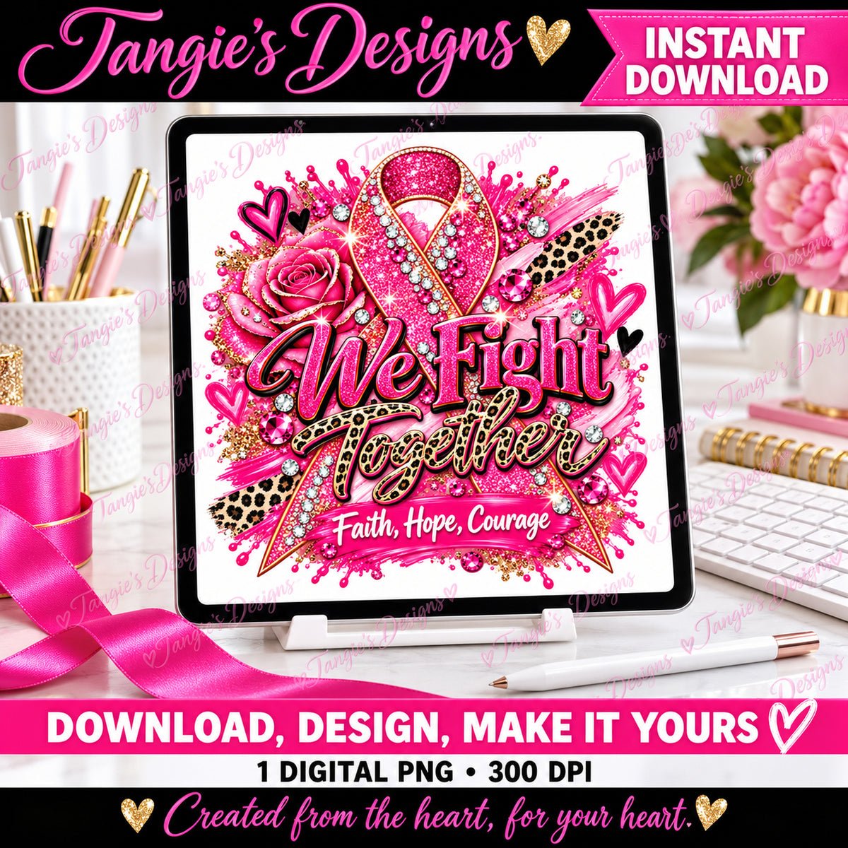 Breast Cancer Awareness PNG – We Fight Together, Pink Ribbon PNG Design